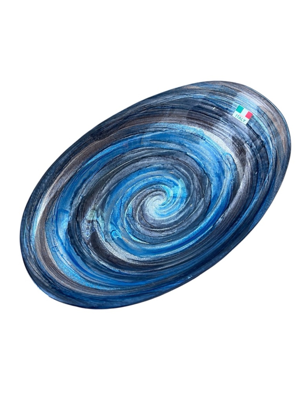 Il Quadrifoglio Italian Art Glass Bowl Oval Blue Silver Swirl Decor